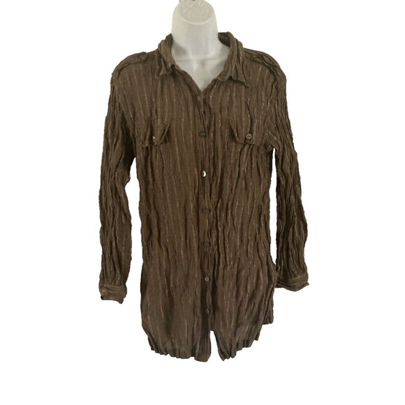 Chico's Tops - Chico’s Brown Metallic Crinkle Shirt Button Down Size 2 (L) Long Sleeve Tunic